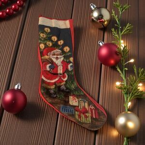 vintage handmade needlepoint christmas stocking 18” Santa  With Tree